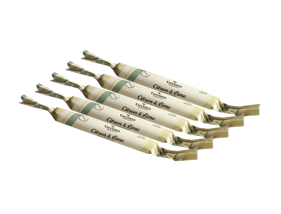 Grenna Polkagriskokeri Sockerstång Citronlime 5 x 50g – Handmade Swedish lemon & lime rock candy sticks from Gränna

