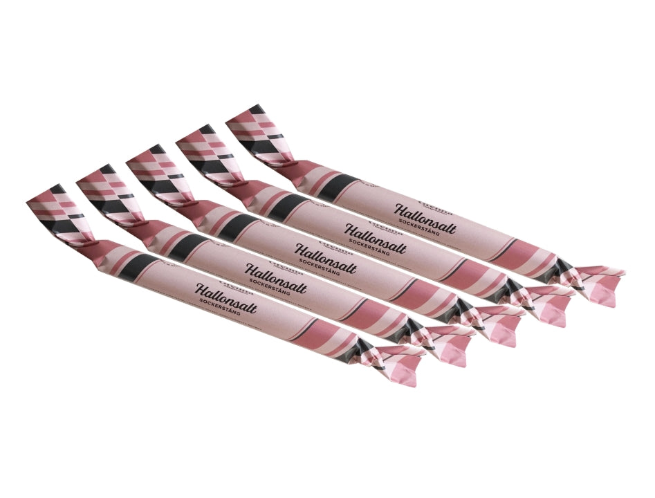 Grenna Polkagriskokeri Sockerstång Hallonsalt 5 x 50g – Handmade Swedish raspberry & salmiak rock candy sticks from Gränna

