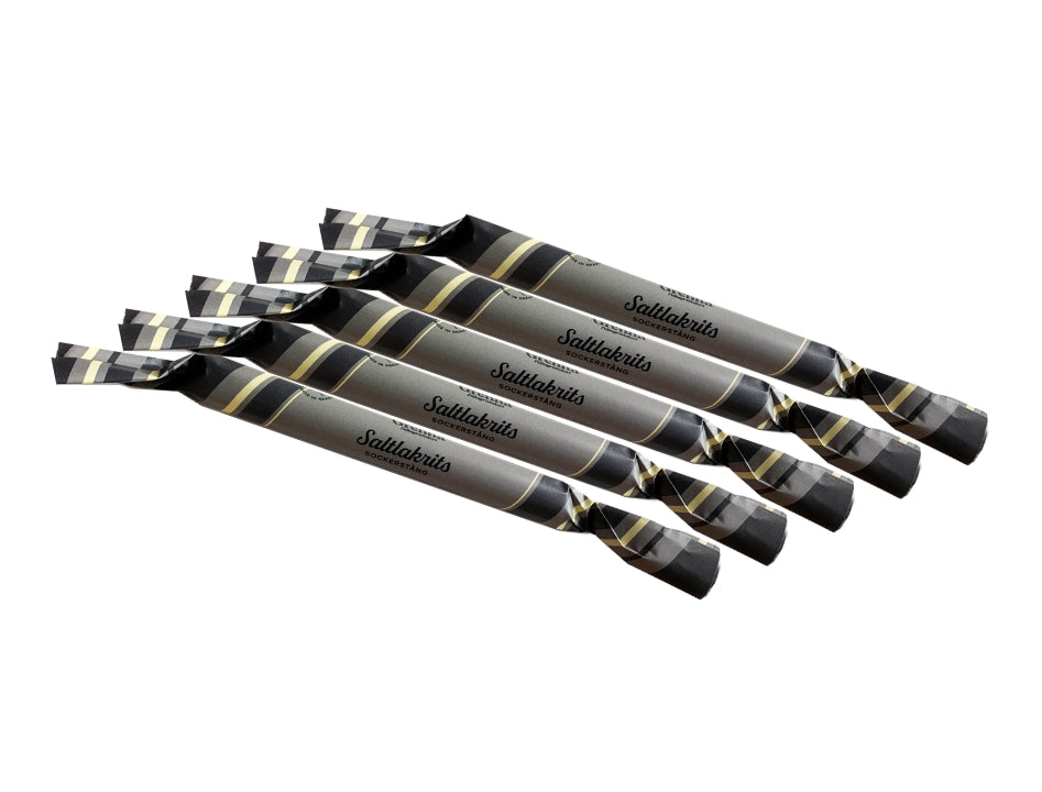 Grenna Polkagriskokeri Sockerstång Saltlakrits 5 x 50g – Handmade Swedish salt licorice rock candy sticks from Gränna

