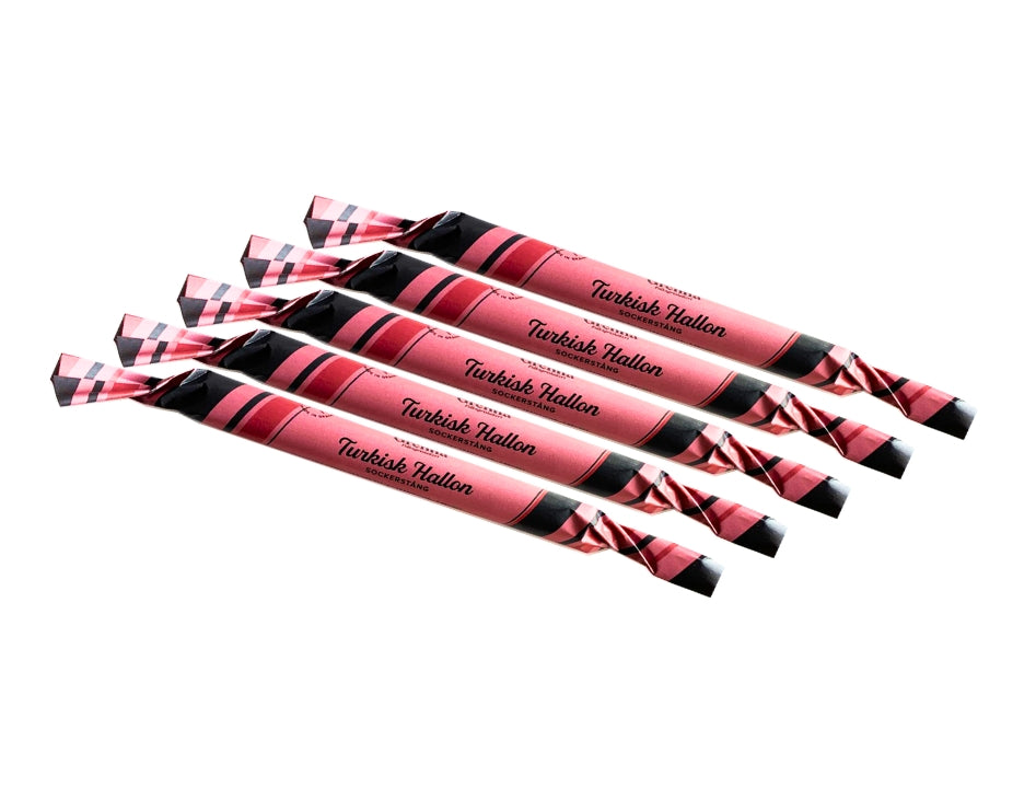 Grenna Polkagriskokeri Sockerstång Turkisk Hallon 5 x 50g – Handmade Swedish raspberry, salmiak & licorice rock candy sticks from Gränna

