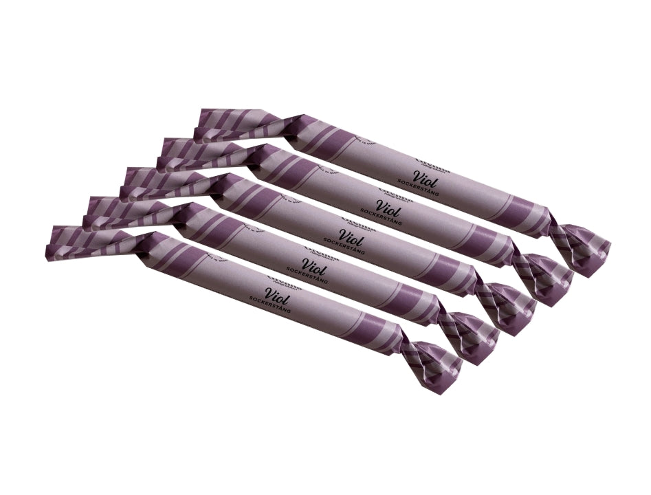 Grenna Polkagriskokeri Sockerstång Viol 5 x 50g – Handmade Swedish violet rock candy sticks from Gränna

