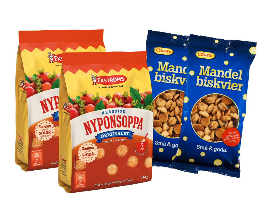 Swedish Dessert Kit – 2 × Ekströms Nyponsoppa 730g (25.75 oz) + 2 × Cloetta Mandelbiskvier 150g (5.29 oz) – Authentic Swedish Rosehip Soup &amp; Almond Biscuits