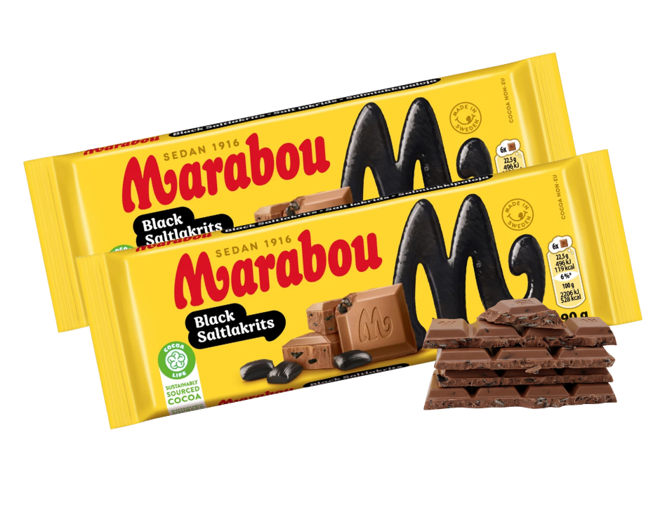 2 Bars of Marabou Black Saltlakrits 90g (3.53 oz) – Swedish Milk Chocolate with Salty Licorice