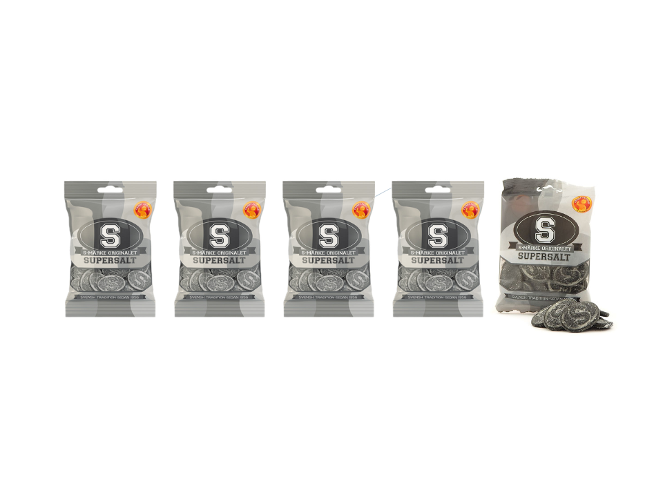 S-Märke Supersalt Salty Licorice Candy 5 × 80g (5 × 2.82 oz) – Authentic Swedish Super Salty Licorice Gummies