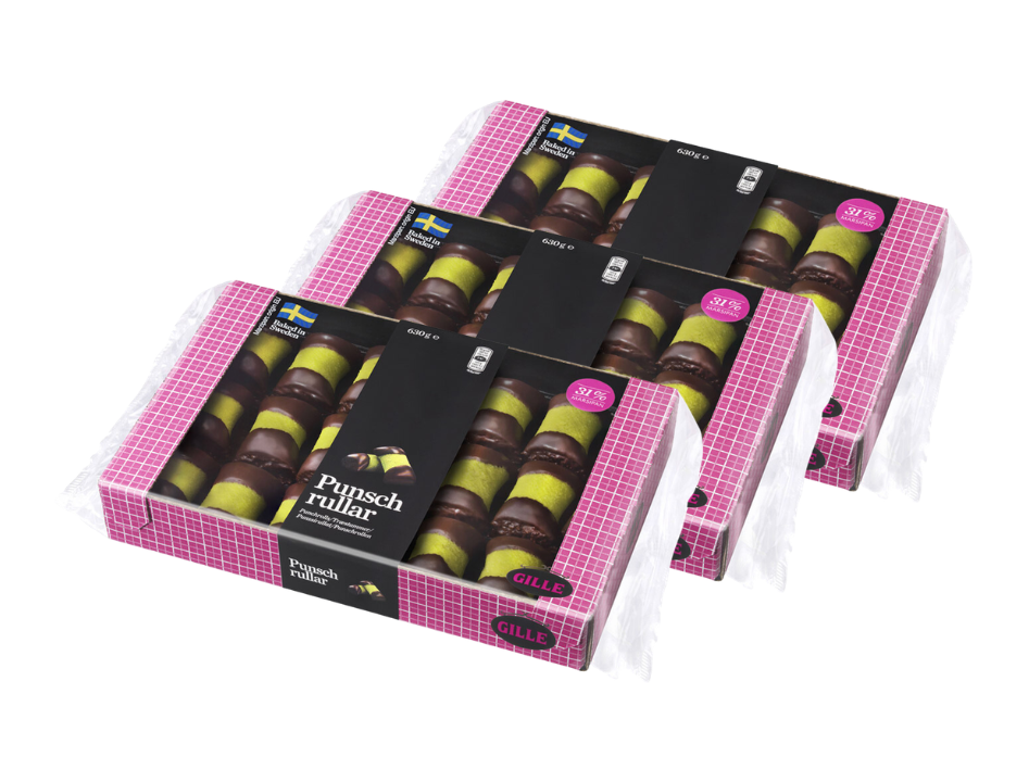 3 x Gille Punschrullar 630g (22.22 oz) – Authentic Swedish Rum Punch Rolls with Marzipan & Chocolate