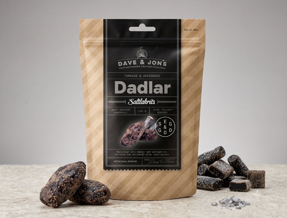 5 x Dave & Jon's Dadlar Saltlakrits 125g (4.40 oz) – Swedish Salted Licorice Dates