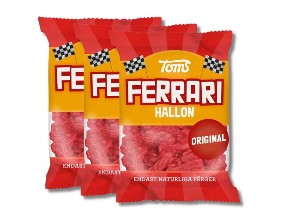 3 x Toms Ferrari Bilar Original 130g (4.58 oz) – Authentic Swedish Car-Shaped Fruit Gummies