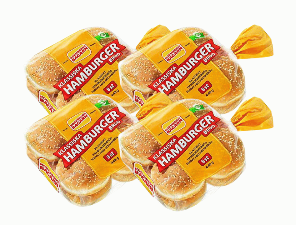 4 x Korvbröds Bagarn Hamburgerbröd 8 Hamburger Buns 448g (15.80 oz) – Authentic Swedish Sesame Hamburger Buns