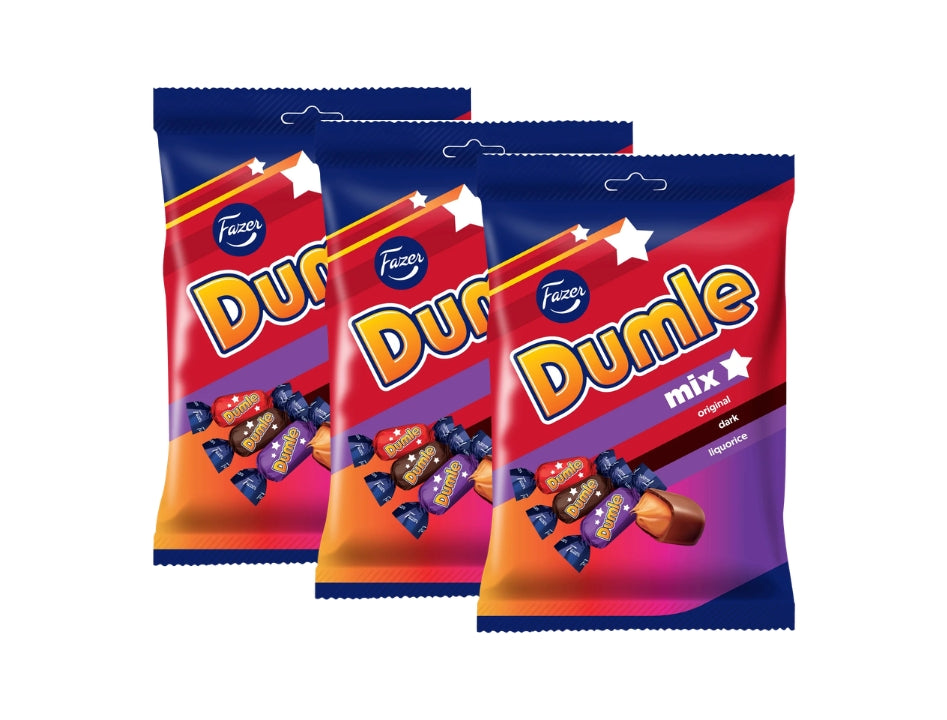 3 x Fazer Dumle Mix Original, Dark &amp; Licorice 200g (7.05 oz) – Finnish Chocolate Covered Caramel Candy Assortment