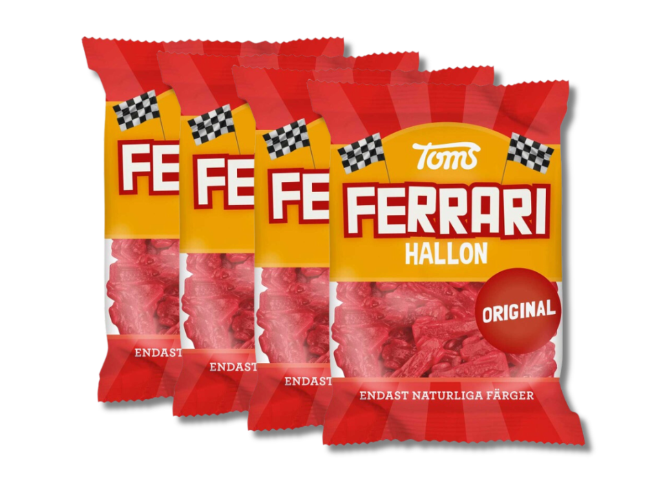 4 x Toms Ferrari Bilar Original 130g (4.58 oz) – Authentic Swedish Car-Shaped Fruit Gummies