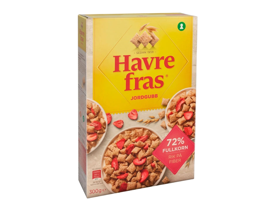 4 x Havrefras Strawberry Oat Pillows Cereal 300g (10.58 oz) – Authentic Scandinavian Whole Grain Breakfast Cereal