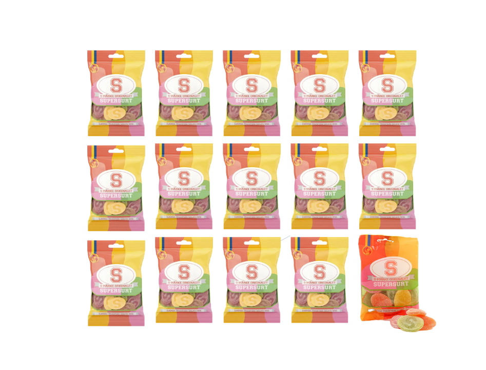 S-Märke Supersurt Sour Candy 15 × 80g (15 × 2.82 oz) – Authentic Swedish Super Sour Gummies