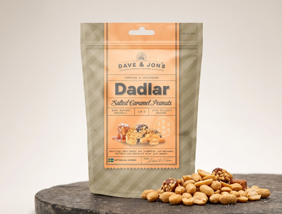 5 x Dave & Jon's Dadlar Salted Caramel Peanuts 125g (4.40 oz) – Natural Swedish Date Snack with Peanuts