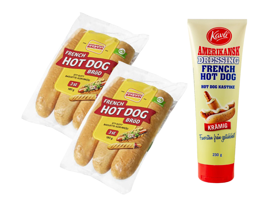 Authentic Swedish French Hot Dog Kit, Kavli French Hot Dog Dressing 230g (8.11 oz) + Korvbrödsbagarn French Hot Dog Bread 3-Pack 180g (6.34 oz)