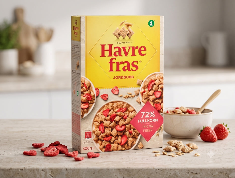 4 x Havrefras Strawberry Oat Pillows Cereal 300g (10.58 oz) – Authentic Scandinavian Whole Grain Breakfast Cereal
