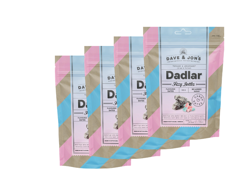 4 Pack Dave and Jons Dadlar Fizzy Bottles - Tangy & Sweet Fizzy Candy Dates (125g / 4.40oz)