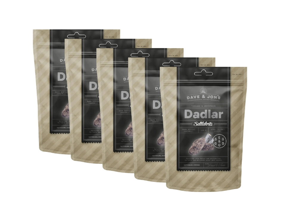 5 x Dave & Jon's Dadlar Saltlakrits 125g (4.40 oz) – Swedish Salted Licorice Dates