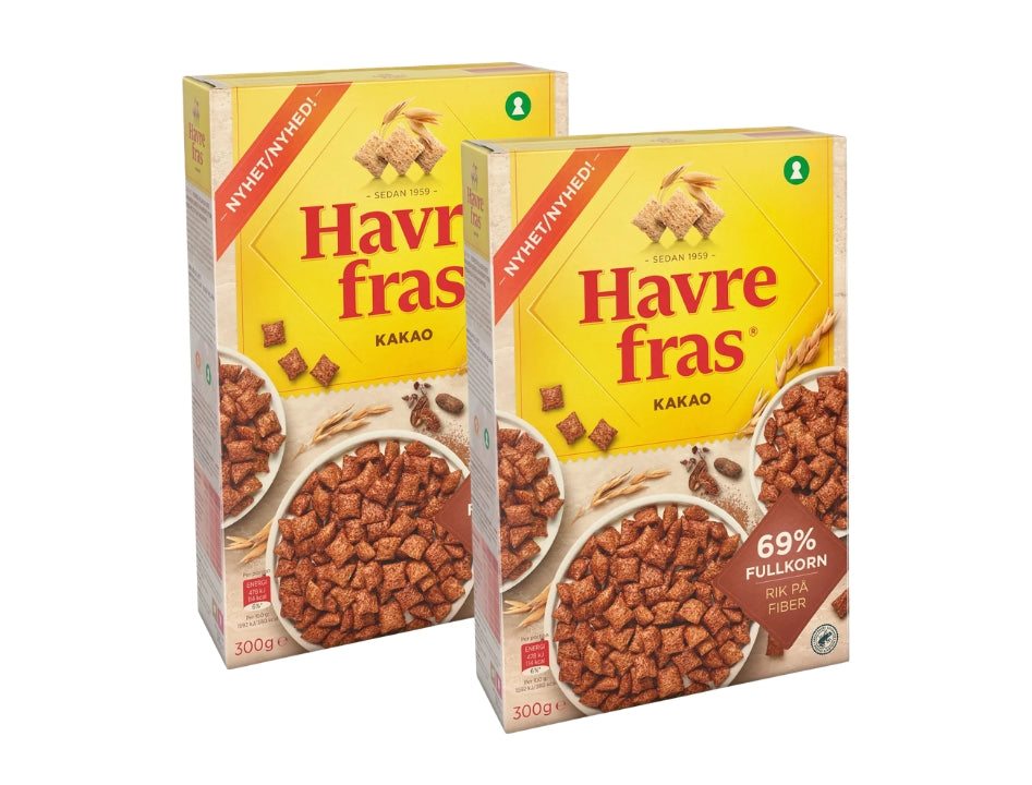2 x Havrefras Cocoa Oat Pillows Cereal 300g (10.58 oz) – Authentic Scandinavian Whole Grain Breakfast Cereal