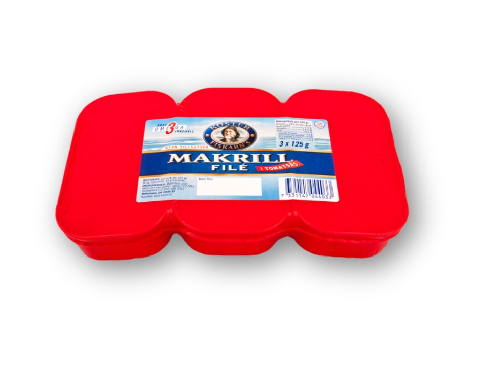 Koster Fiskarn Mackerel Fillets in Tomato Sauce 3 × 125g (3 × 4.41 oz) – Authentic Scandinavian Ready-to-Eat Mackerel