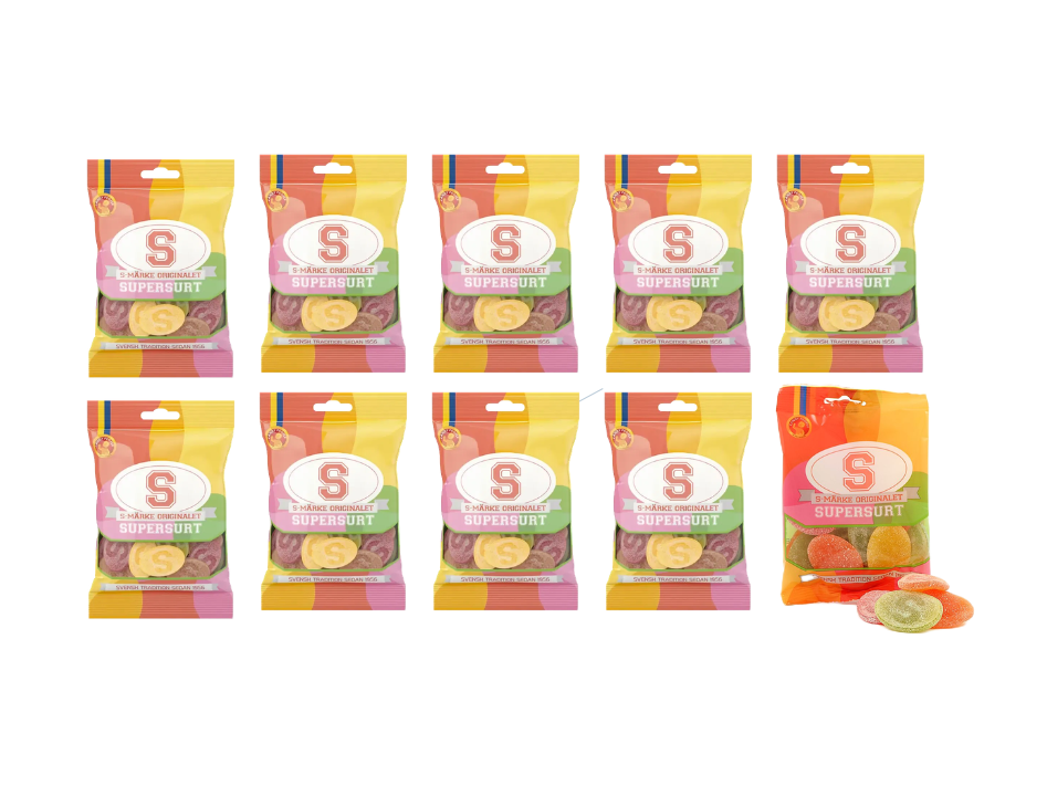 S-Märke Supersurt Sour Candy 10 × 80g (10 × 2.82 oz) – Authentic Swedish Super Sour Gummies