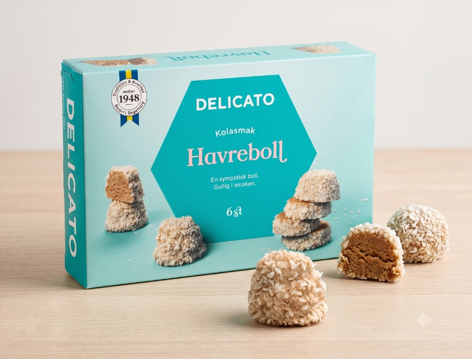 4 x Delicato Havrebollar 6-Pack 240g (8.47 oz) – Authentic Swedish Chocolate Oat Balls Rolled in Coconut