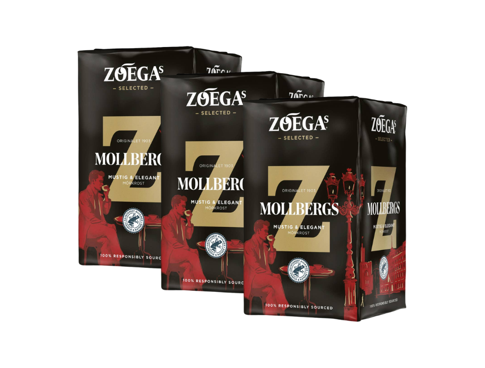 3 x Zoégas Mollbergs Blandning Ground Coffee 450g (15.87 oz) – Authentic Swedish Dark Roast Coffee – 100% Arabica