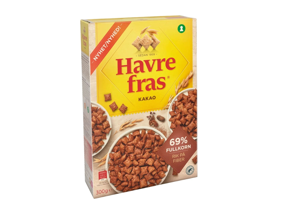 4 x Havrefras Cocoa Oat Pillows Cereal 300g (10.58 oz) – Authentic Scandinavian Whole Grain Breakfast Cereal