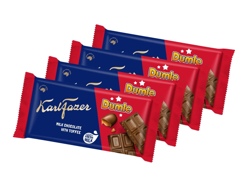 4 x Karl Fazer Dumle Original Chocolate Bar 145g (5.11 oz) – Finnish Milk Chocolate with Soft Dumle Toffee Pieces