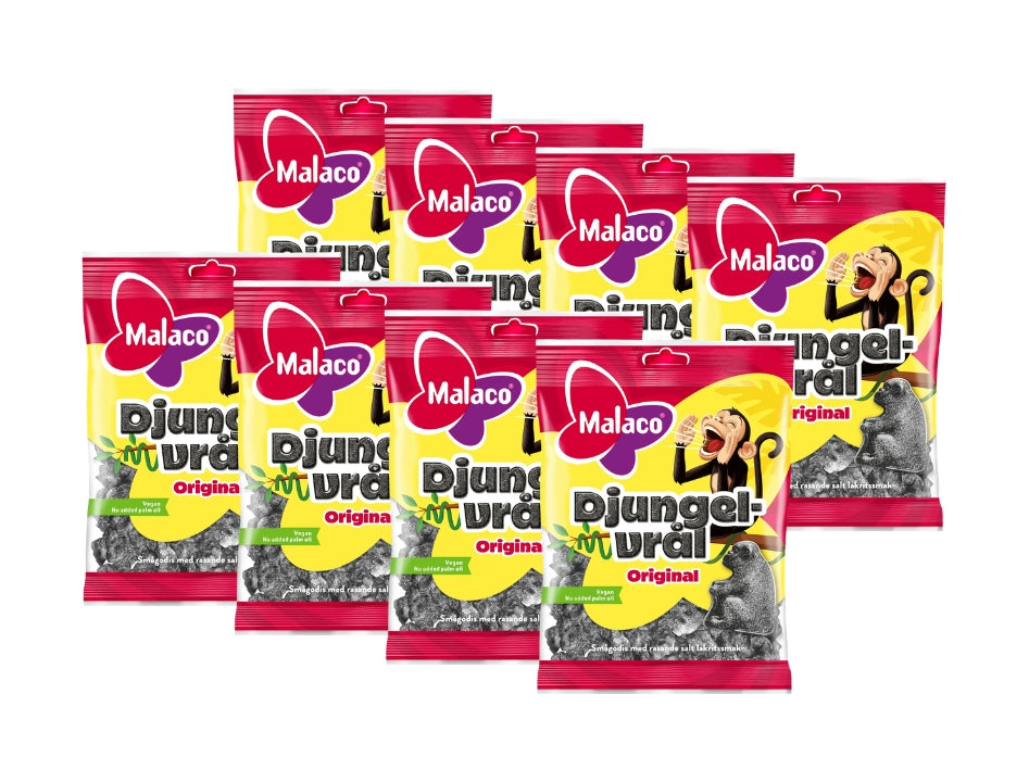 8 × Malaco Djungelvrål 90g (3.17 oz) – Original Swedish Extra Salty Salmiak Licorice Candy