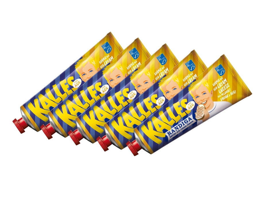 5 x Kalles Randiga Med Ägg 285g (10.05 oz) – Swedish Striped Cod Roe, Cream Cheese & Egg Spread