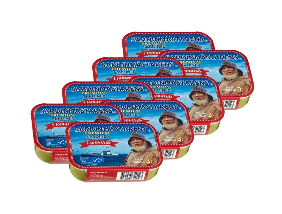 Sardinmästarens Sardines in Tomato Sauce 8 × 100g (8 × 3.53 oz) – Authentic Swedish Sardines in Rich Tomato Sauce
