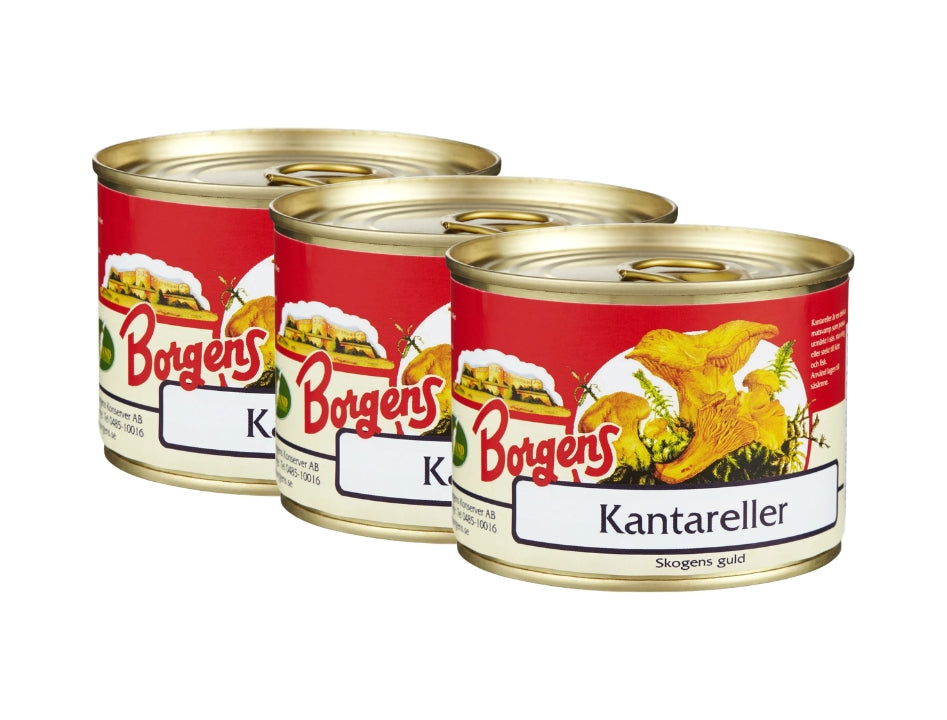 Borgens Chanterelles in Water 3 × 200g (3 × 7.05 oz) – Authentic Swedish Whole Chanterelle Mushrooms