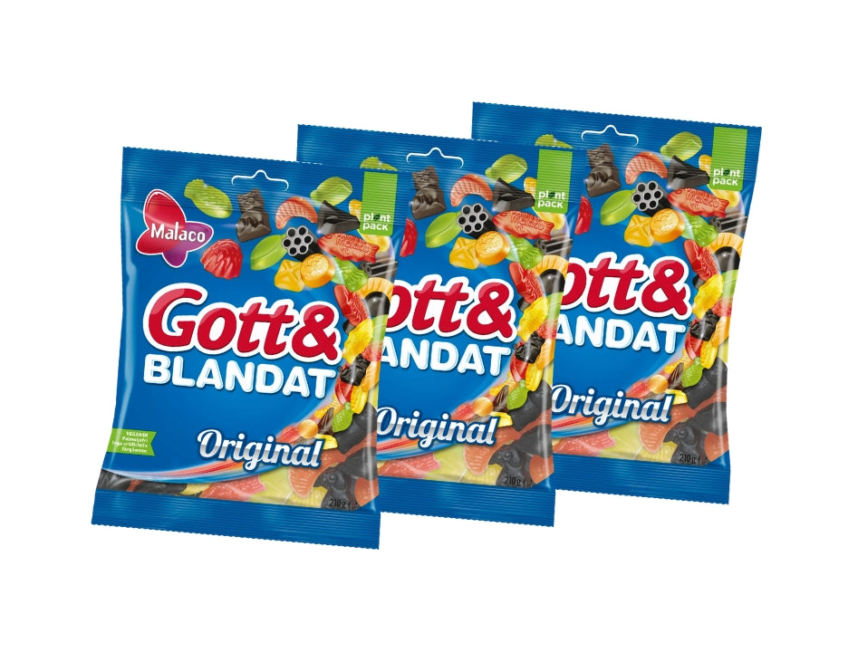 Malaco Gott & Blandat Original Candy 3 × 210g (3 × 7.41 oz) – Authentic Swedish Fruit & Licorice Gummies