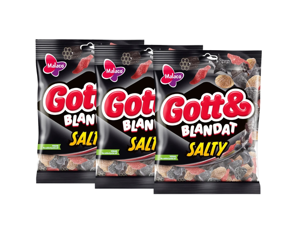 Malaco Gott & Blandat Salt 3 × 210g (3 × 7.41 oz) – Authentic Swedish Salty Licorice & Wine Gum Candy Mix