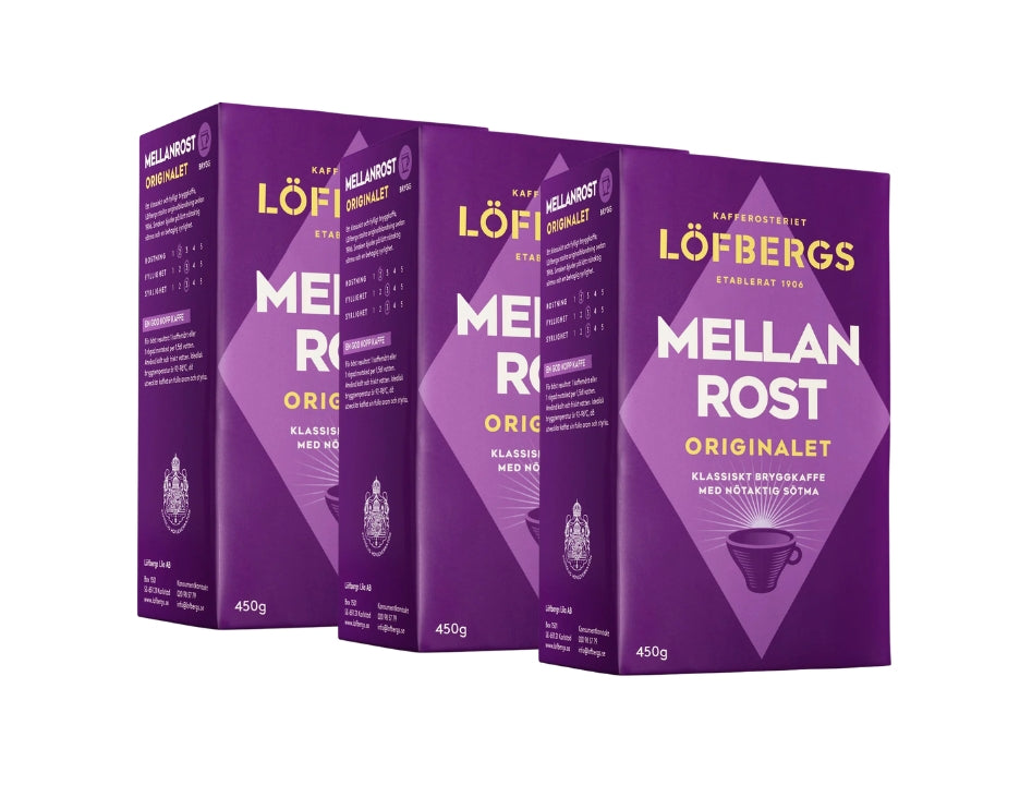 Löfbergs Bryggkaffe Mellanrost Original 3 × 450g (3 × 15.87 oz) – Authentic Swedish Medium Roast 100% Arabica Ground Coffee