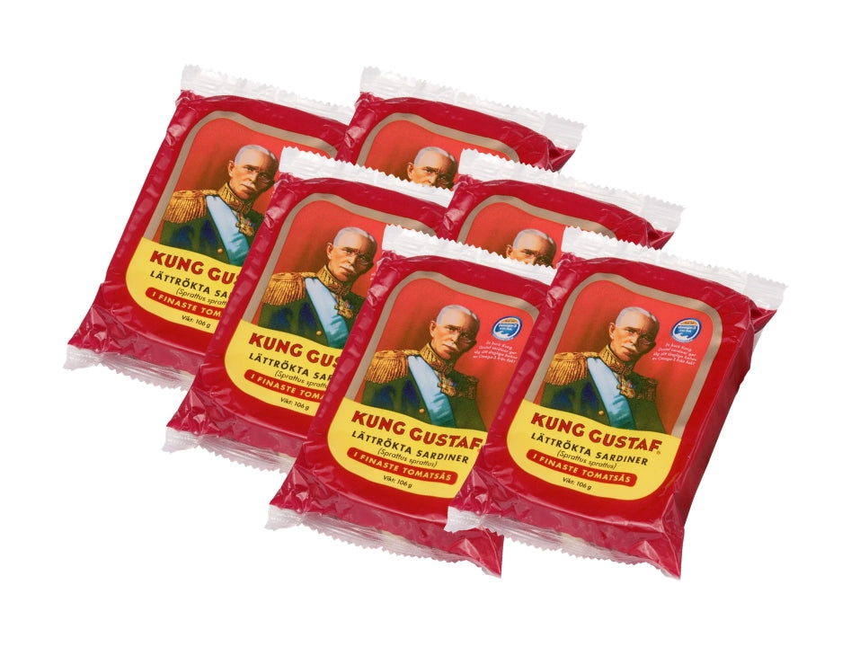 6 × Kung Gustaf Lightly Smoked Sardines in Tomato Sauce 106g (3.74 oz) – Authentic Swedish Smoked Sprats Rich in Omega-3