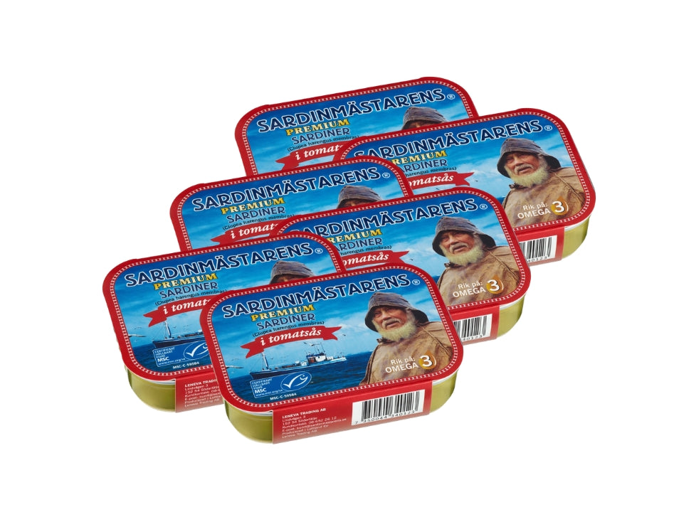 Sardinmästarens Sardines in Tomato Sauce 6 × 100g (6 × 3.53 oz) – Authentic Swedish Sardines in Rich Tomato Sauce