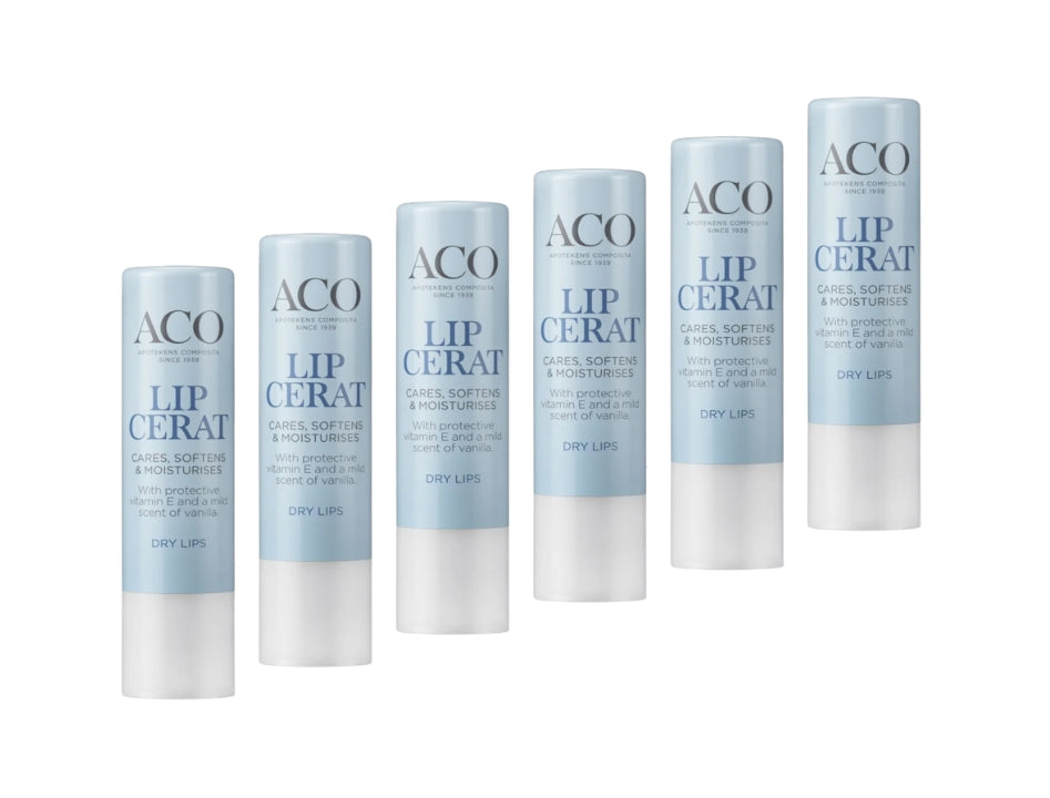 6 × ACO Lip Cerat 4.6g (0.16 oz) – Swedish Moisturizing Lip Balm for Dry & Chapped Lips