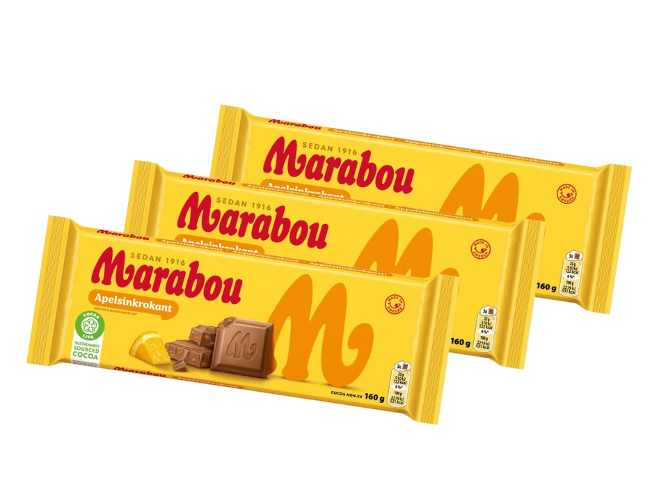 Marabou Chokladkaka Apelsinkrokant 3 × 160g (3 × 5.64 oz) – Authentic Swedish Milk Chocolate with Orange Croquant