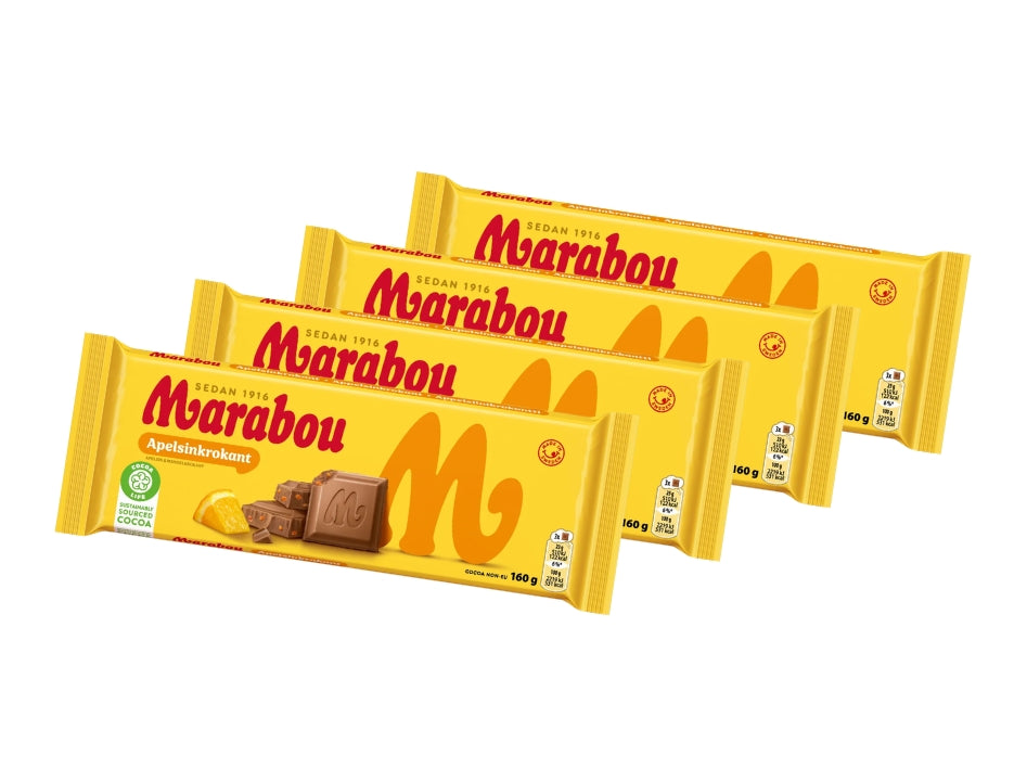Marabou Chokladkaka Apelsinkrokant 4 × 160g (4 × 5.64 oz) – Authentic Swedish Milk Chocolate with Orange Croquant