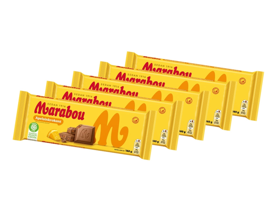 Marabou Chokladkaka Apelsinkrokant 5 × 160g (5 × 5.64 oz) – Authentic Swedish Milk Chocolate with Orange Croquant