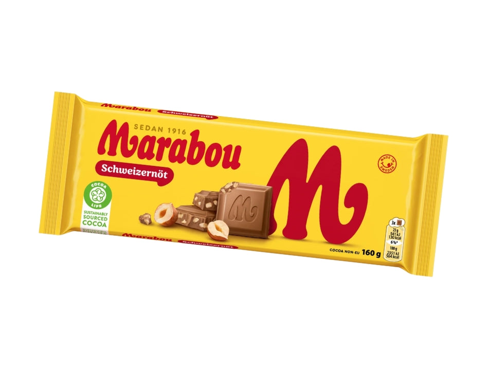Marabou Chokladkaka Schweizernöt 160g (5.64 oz) – Authentic Swedish Milk Chocolate with Whole Hazelnuts