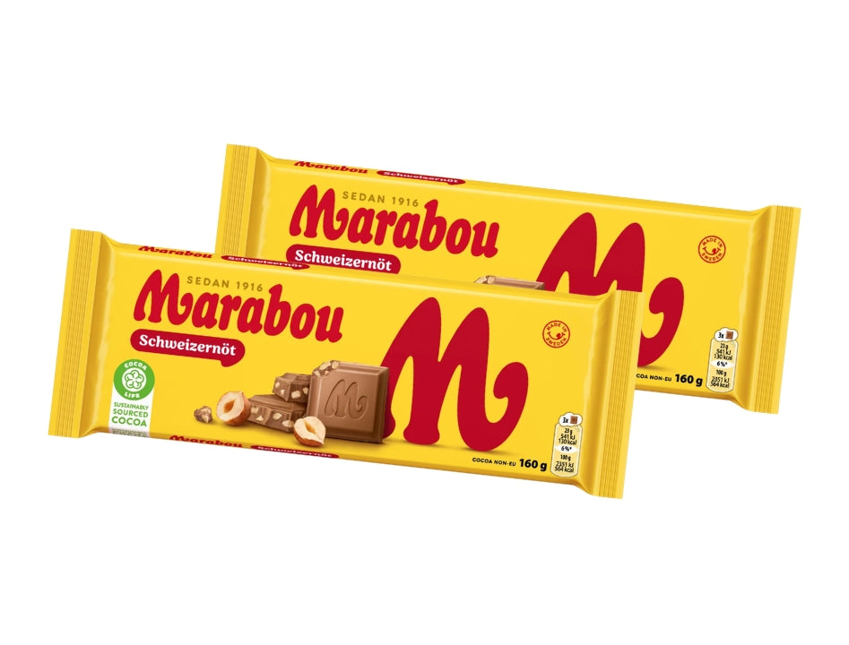 Marabou Chokladkaka Schweizernöt 2 × 160g (2 × 5.64 oz) – Authentic Swedish Milk Chocolate with Whole Hazelnuts