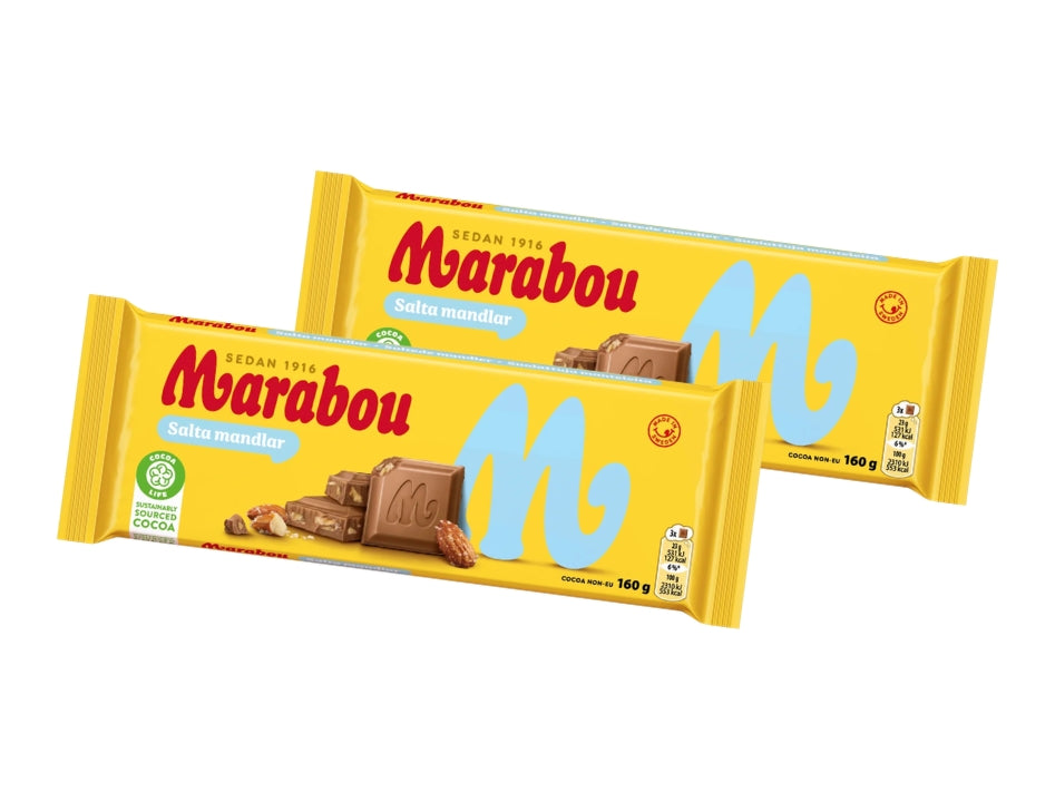 Marabou Chokladkaka Salta Mandlar 2 × 160g (2 × 5.64 oz) – Authentic Swedish Milk Chocolate with Salted Almonds