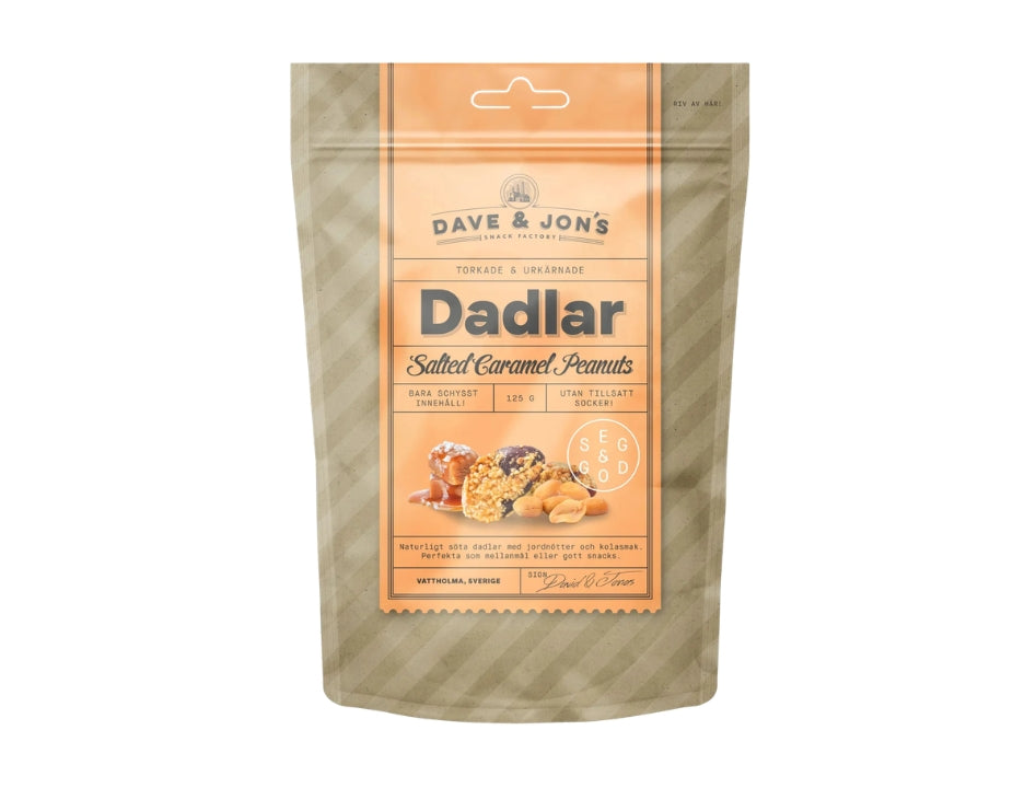5 x Dave & Jon's Dadlar Salted Caramel Peanuts 125g (4.40 oz) – Natural Swedish Date Snack with Peanuts