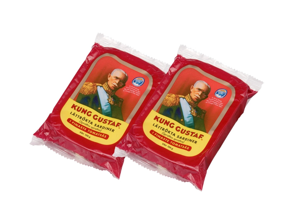2 × Kung Gustaf Lightly Smoked Sardines in Tomato Sauce 106g (3.74 oz) – Authentic Swedish Smoked Sprats Rich in Omega-3
