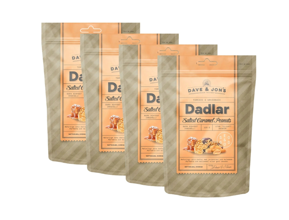 4 x Dave & Jon's Dadlar Salted Caramel Peanuts 125g (4.40 oz) – Natural Swedish Date Snack with Peanuts