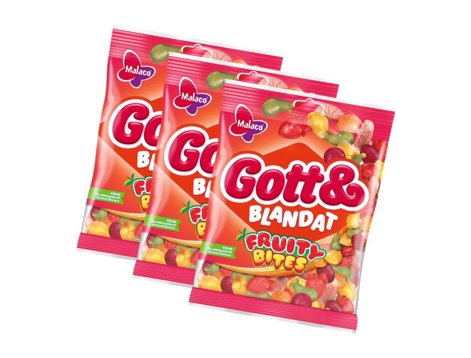 Malaco Gott & Blandat Fruity Bites 3 x 170g (510g / 18.0 oz) – Colourful soft fruity wine gums multipack, gelatin-free and vegan, Swedish candy by Malaco
