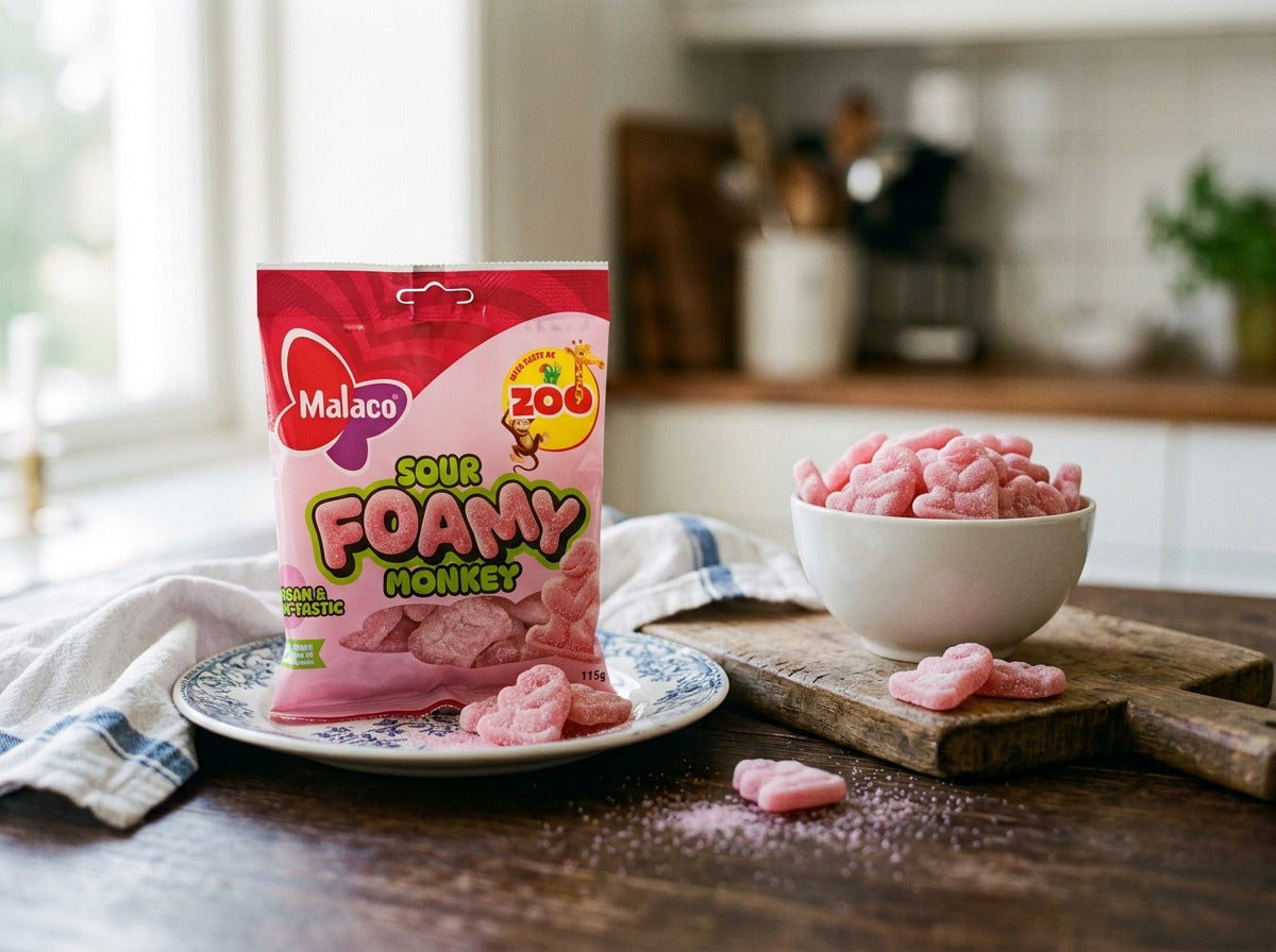 Malaco Zoo Sour Foamy Monkey 2 × 115g – Swedish soft foam monkey-shaped candy with fruity Zoo flavour and sour-sugar coating, gelatin-free and vegan
