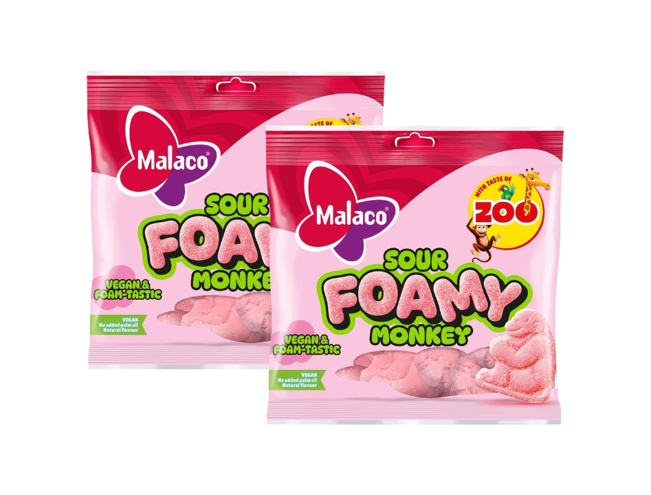 Malaco Zoo Sour Foamy Monkey 2 × 115g – Swedish soft foam monkey-shaped candy with fruity Zoo flavour and sour-sugar coating, gelatin-free and vegan
